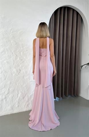 Straplez Önü Boncuk İşlemeli Uzun Pudra Abiye