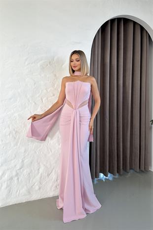 Straplez Önü Boncuk İşlemeli Uzun Pudra Abiye