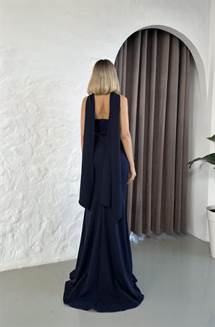 Straplez Önü Boncuk İşlemeli Uzun Lacivert Abiye