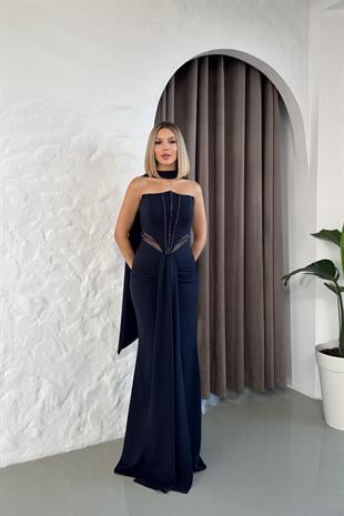 Straplez Önü Boncuk İşlemeli Uzun Lacivert Abiye