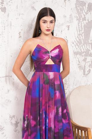 Straplez Taş Askılı Mor Abiye Elbise