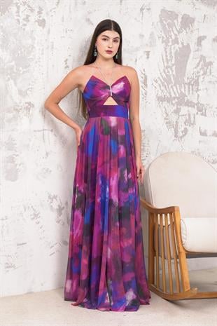 Straplez Taş Askılı Mor Abiye Elbise