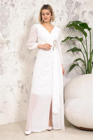 Taş Aksesuarlı Beyaz Abiye