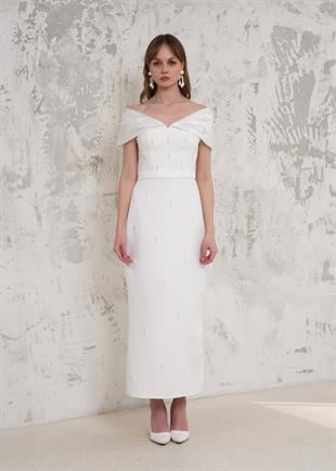 Taş İşlemeli Straplez Beyaz Biye Elbise 