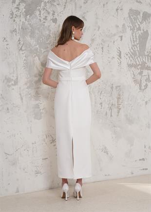 Taş İşlemeli Straplez Beyaz Biye Elbise 