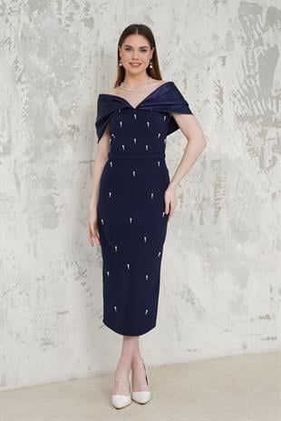 Taş İşlemeli Straplez Lacivert Abiye Elbise