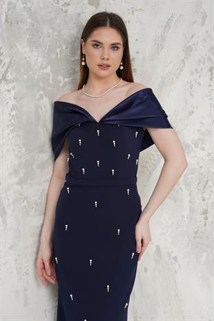 Taş İşlemeli Straplez Lacivert Abiye Elbise