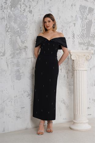 Taş İşlemeli Straplez Siyah Abiye Elbise