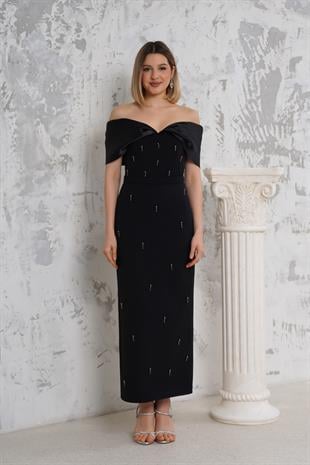 Taş İşlemeli Straplez Siyah Abiye Elbise