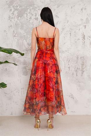 Turuncu Askılı Organze Abiye Elbise