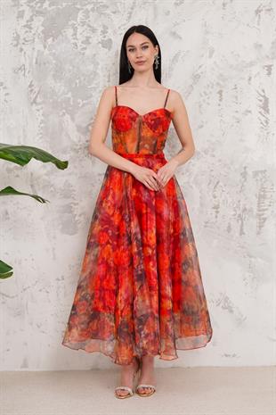 Turuncu Askılı Organze Abiye Elbise