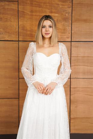 Uzun Kollu Dantelli Yırtmaçlı Beyaz Uzun Abiye