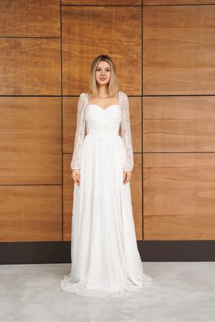 Uzun Kollu Dantelli Yırtmaçlı Beyaz Uzun Abiye