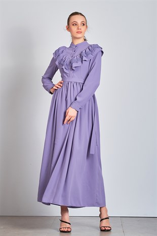 Yakası Dantel Lila Elbise