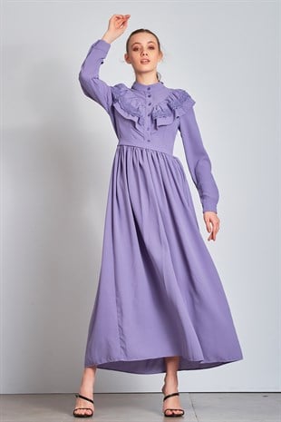 Yakası Dantel Lila Elbise