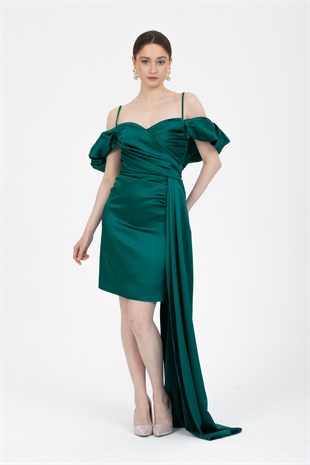 Yeşil Drapeli Mini Saten Abiye Elbise