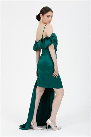 Yeşil Drapeli Mini Saten Abiye Elbise