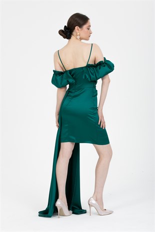Yeşil Drapeli Mini Saten Abiye Elbise