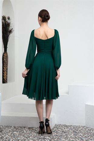 Yeşil Drapeli Şifon Abiye Elbise