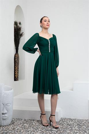 Yeşil Drapeli Şifon Abiye Elbise