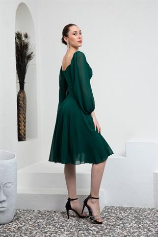 Yeşil Drapeli Şifon Abiye Elbise