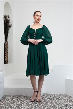 Yeşil Drapeli Şifon Abiye Elbise