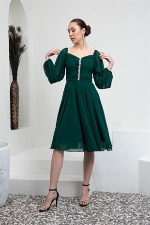 Yeşil Drapeli Şifon Abiye Elbise