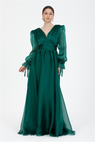 Yeşil Uzun Tül Abiye Elbise