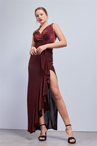 Yırtmaçlı V Yaka Kırmızı Abiye Elbise