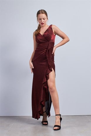 Yırtmaçlı V Yaka Kırmızı Abiye Elbise