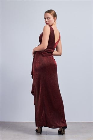 Yırtmaçlı V Yaka Kırmızı Abiye Elbise