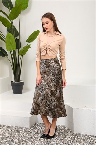 Kahverengi Mini Leopar Desen Saten Etek