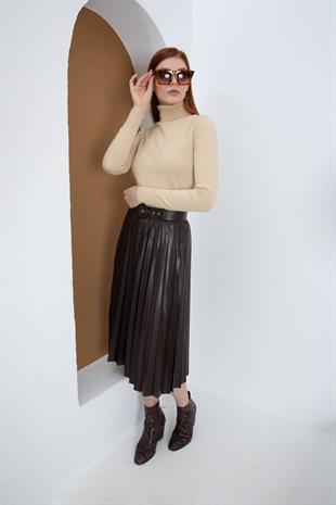 Kemerli Kahverengi Pliseli Deri Etek