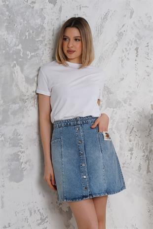 Önü Düğmeli Cepli Kot Etek