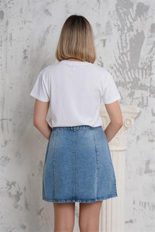 Önü Düğmeli Cepli Kot Etek