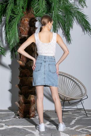 Önü Düğmeli Mavi Kot Etek