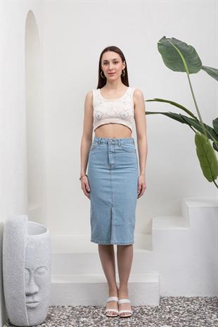 Önü Yırtmaçlı Buz Mavisi Jean Etek