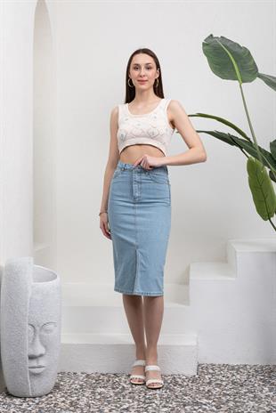 Önü Yırtmaçlı Buz Mavisi Jean Etek