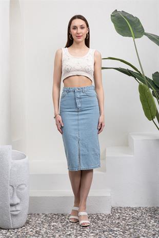 Önü Yırtmaçlı Buz Mavisi Jean Etek