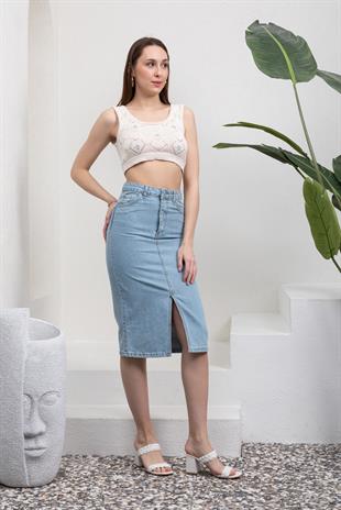 Önü Yırtmaçlı Buz Mavisi Jean Etek