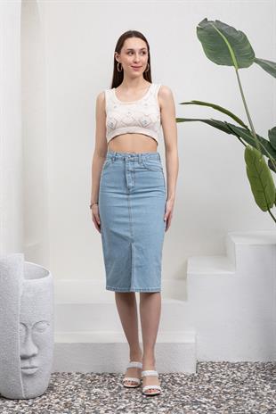 Önü Yırtmaçlı Buz Mavisi Jean Etek