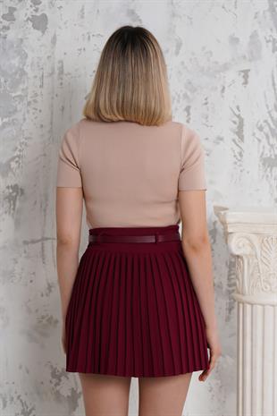 Pliseli Bordo Şort Etek