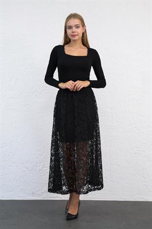 Siyah Dantelli  Uzun Etek