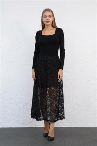 Siyah Dantelli  Uzun Etek