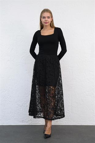 Siyah Dantelli  Uzun Etek