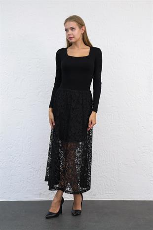 Siyah Dantelli  Uzun Etek