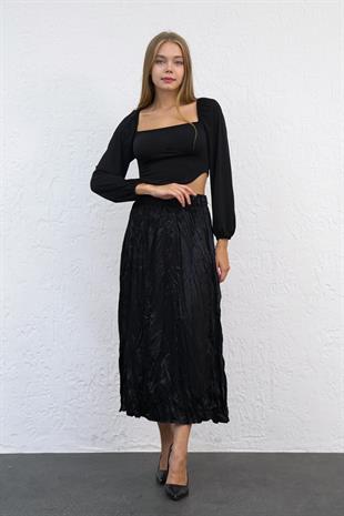 Siyah Kendinden Kırışık Saten Etek