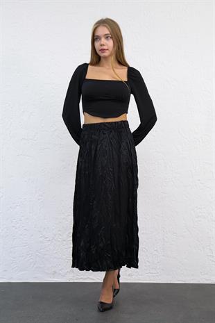 Siyah Kendinden Kırışık Saten Etek