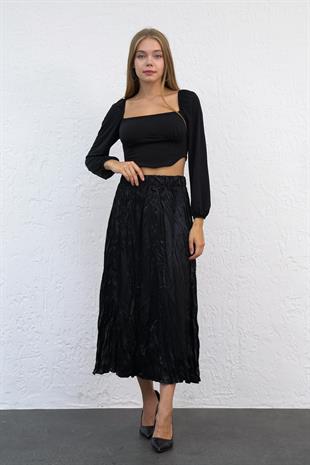 Siyah Kendinden Kırışık Saten Etek