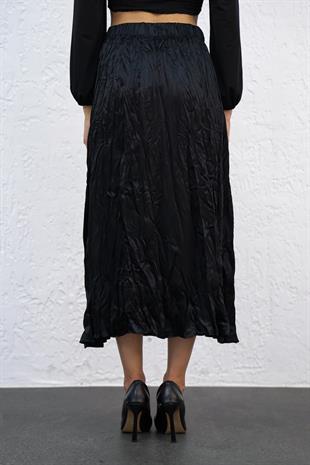 Siyah Kendinden Kırışık Saten Etek